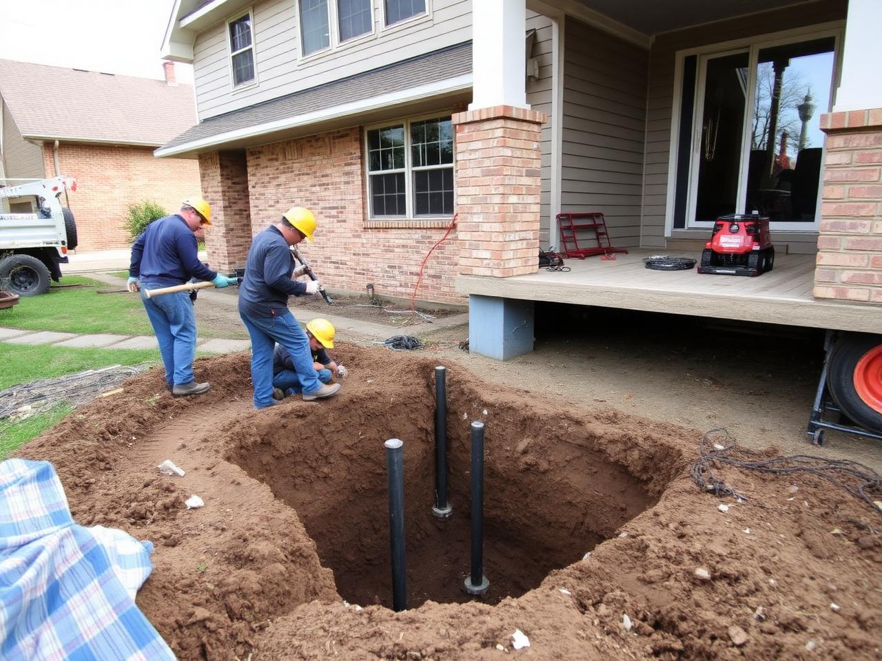 UPI foundation crew excavating around a Plano home to install steel push piers